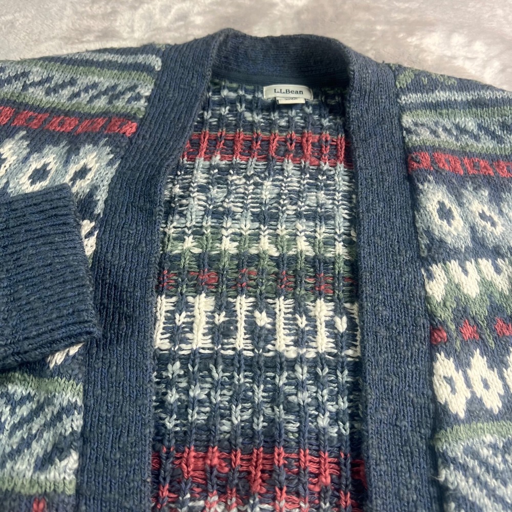 L.L. Bean Women L Cardigan Blue Multi Fair Isle Geometric Cotton 508175